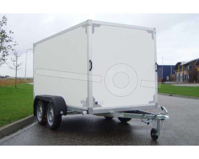 Twins Trailers gesloten aanhangwagen met twee achterdeuren, merk Twins Trailers, ongeremde tandemasser, afmeting 307x157x150 cm, bruto laadvermogen 750kg.