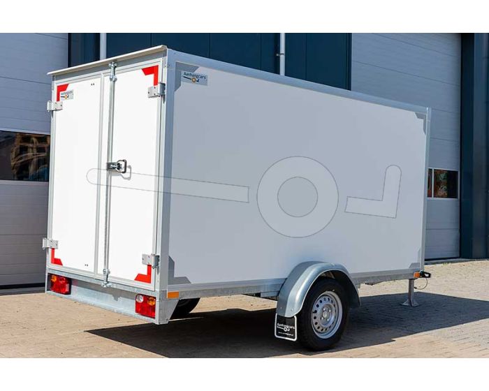 Tandemas gesloten aanhangwagen met twee achterdeuren, merk Twins Trailers, afmeting 307x157x180 cm, bruto laadvermogen 1350kg.