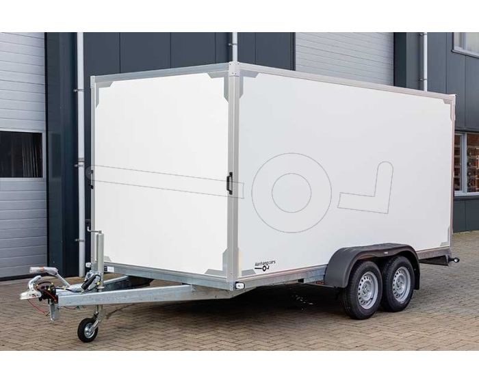Twins Trailers gesloten aanhangwagen tandemas met twee achterdeuren, afmeting 407x187x180cm, bruto laadvermogen 3500kg.