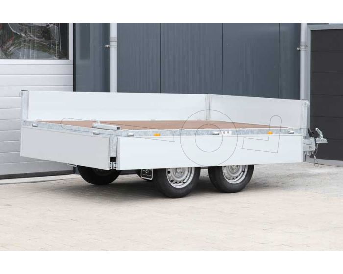 Geopende borden van de laadbak op een Eduard plateauwagen afmeting 260x150cm met 40cm borden, bruto laadvermogen 750kg ongeremd, laadvloerhoogte 63cm