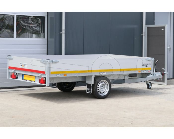 Enkelas plateauwagen Eduard, afmeting 330x180cm, laadvloerhoogte 63cm, bruto laadvermogen 1350kg, met 30 cm aluminium borden