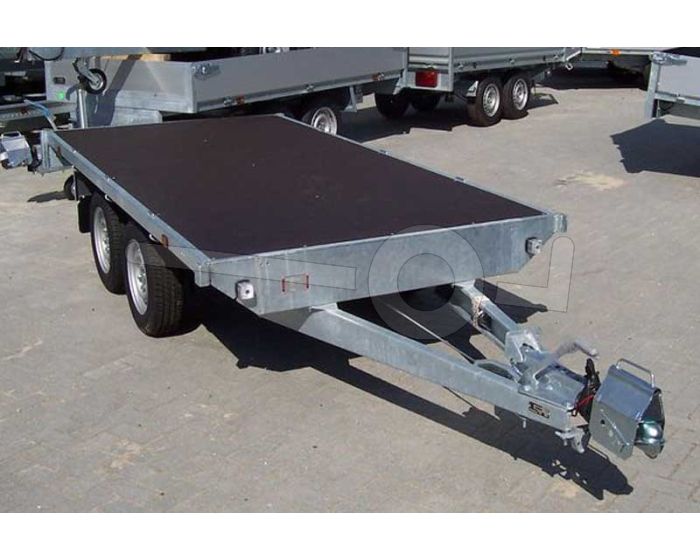 Vlakke Eduard plateauwagen zonder laadborden, afmeting 330x180cm laadvloerhoogte 72cm bruto laadvermogen 2500kg
