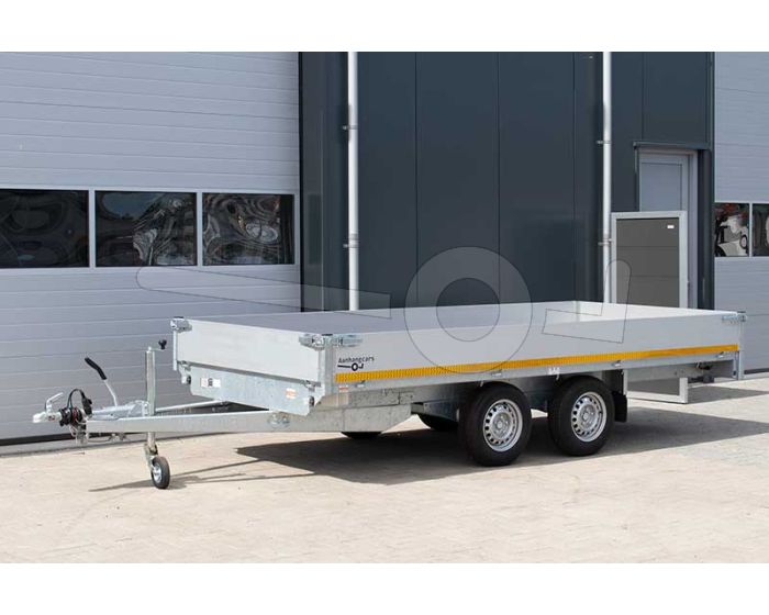 Eduard geremde tandemasser plateauwagen 3518-4-PB40-250-72, 356x180cm met 40cm borden, bruto laadvermogen 2500kg, laadvloerhoogte 72cm op bandenmaat 165R13