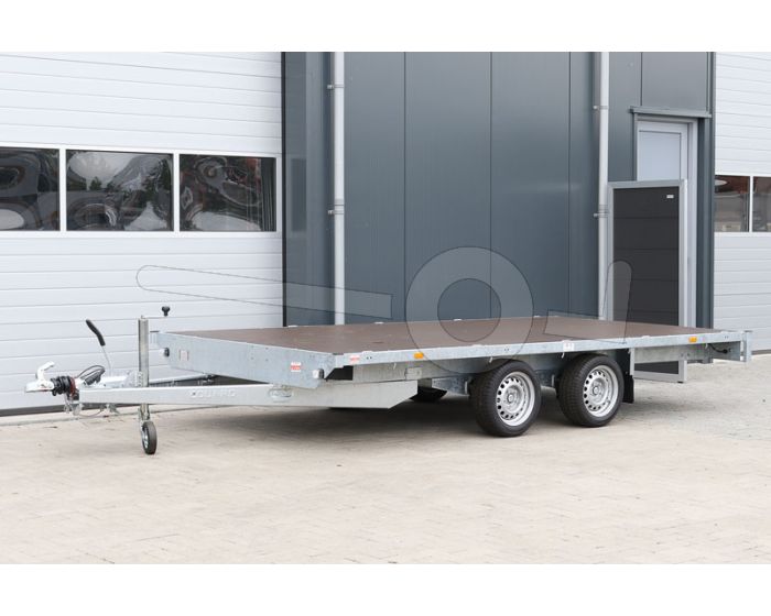 Vlakke Eduard plateauwagen zonder borden, afmeting 406x200cm, laadvloerhoogte 63cm, bruto laadvermogen 2000kg.