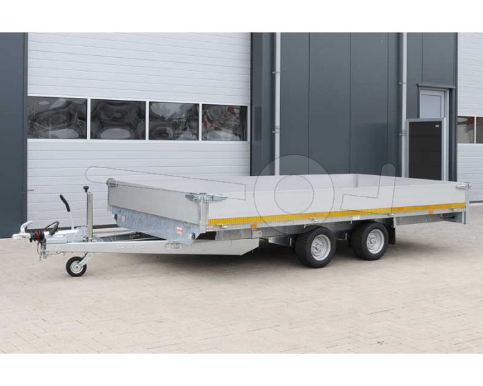 Plateauwagen Eduard tandemas 406x200cm met 30cm aluminium borden. Laadvloerhoogte 56cm. Bruto laadvermogen 2700kg.