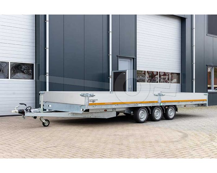 Eduard plateauwagen tridem 4520-5-PB40-350-56, 456x200cm met 40cm aluminium borden, bruto laadvermogen 3500kg, laadvloerhoogte 56cm, geremde drieasser, bandenmaat 195/55R10