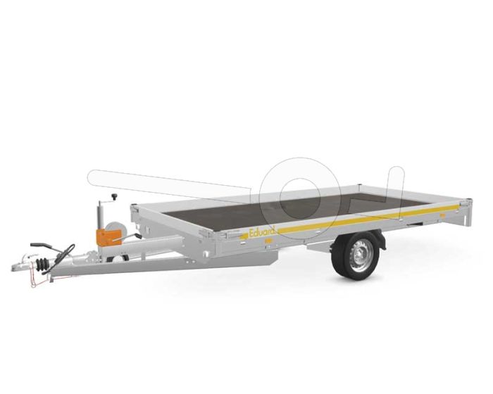 Eduard autotransporter 3518-3-PMB10-180-63, Lxb 350x180cm, Bruto 1800kg (1315kg netto), Lvh 63cm, Oprijhoek circa 15°, Alu borden 10cm, Dichte vloer, Enkelas geremd, Banden 195/50R13, Met oprijplaten en lier.