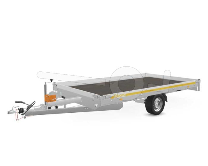 Eduard autotransporter 3520-3-PMB10-180-63, Lxb 350x200cm, Bruto 1800kg (1315kg netto), Lvh 63cm, Oprijhoek circa 15°, Alu borden 10cm, Dichte vloer, Enkelas geremd, Banden 195/50R13, Met oprijplaten en lier.