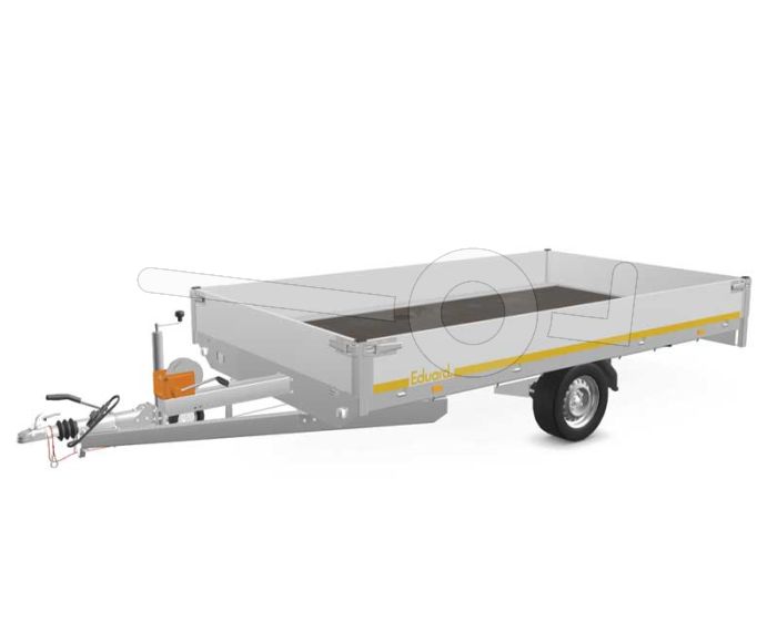 Eduard multitransporter 3520-3-PMB30-180-63, Lxb 350x200cm, Bruto 1800kg (1297kg netto), Lvh 63cm, Alu borden 30cm, Enkelas geremd, Banden 195/50R13, Met oprijplaten en lier.