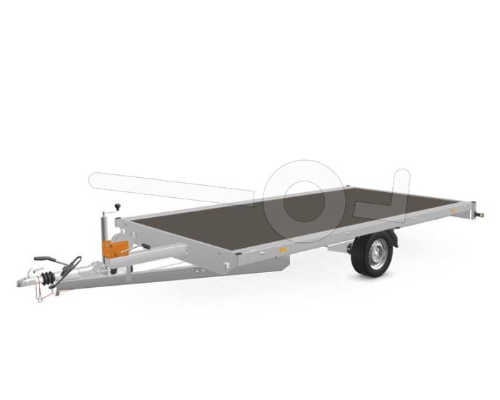 Eduard multitransporter 4022-3-PMV-180-63, Lxb 406x220cm, Bruto 1800kg (1203kg netto), Lvh 63cm, Vlak zonder borden, Enkelas geremd, Banden 195/50R13, Met oprijplaten en lier.
