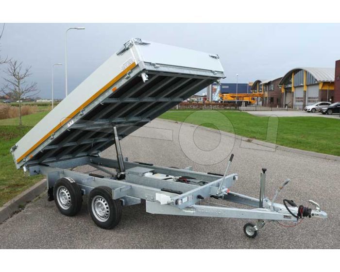 Achterwaartse Eduard kipper, afmeting 310x160cm, bruto laadvermogen 2700kg met elektrische en handmatige bediening