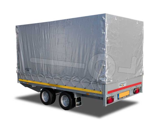 Standaard huifdoek voor Eduard plateauwagen, multitransporter of kipper met een laadbak van 310x180cm. Hoogte 130cm gemeten vanaf de laadvloer. Kleur van het huifdoek is 7500 grijs. Onderdeelnummer 3116-Z-STD-18-7500.