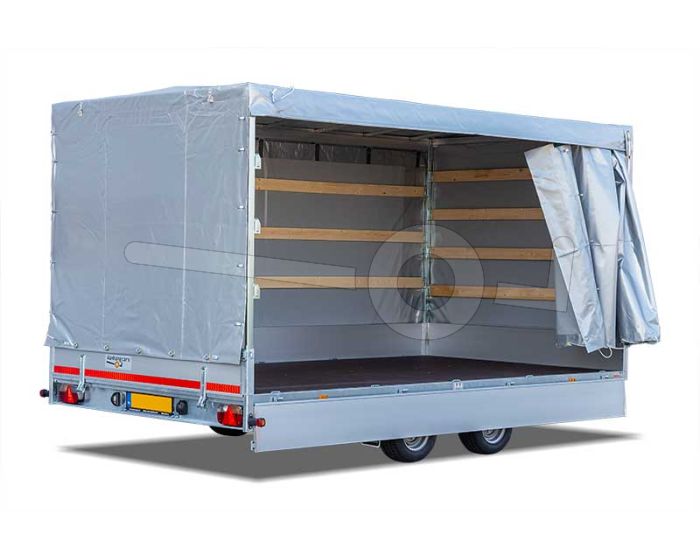 Huifdoek 310x180x220cm 3118-Z-SFZ-22-7500 ten behoeve van huif met schuifzeil voor Eduard plateauwagen, multitransporter of kipper met een laadbak van 310x180cm. Hoogte 220cm gemeten vanaf de laadvloer. Kleur van het huifdoek is 7500 grijs.