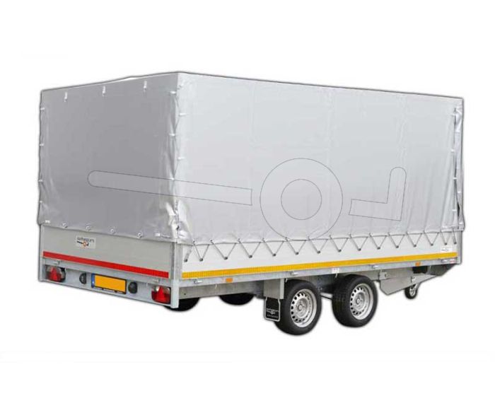 Standaard huifdoek 406x200x180cm 4020-Z-STD-18-7500 ten behoeve van standaard huif voor Eduard plateauwagen of multitransporter met een laadbak van 406x200cm. Hoogte 180cm gemeten vanaf de laadvloer. Kleur van het huifdoek is 7500 grijs.