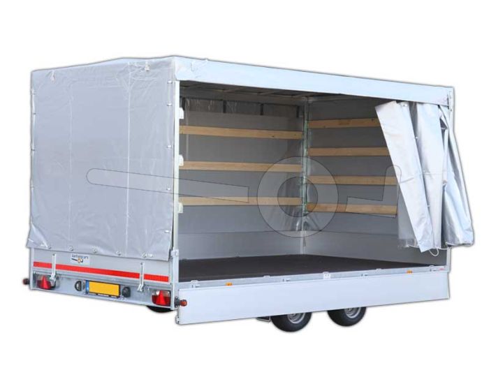 Huifdoek 406x200x200cm 4020-z-SFZ-20-7500 ten behoeve van huif met schuifzeil voor Eduard plateauwagen of multitransporter met een laadbak van 406x200cm. Hoogte 200cm gemeten vanaf de laadvloer. Kleur van het huifdoek is 7500 grijs.