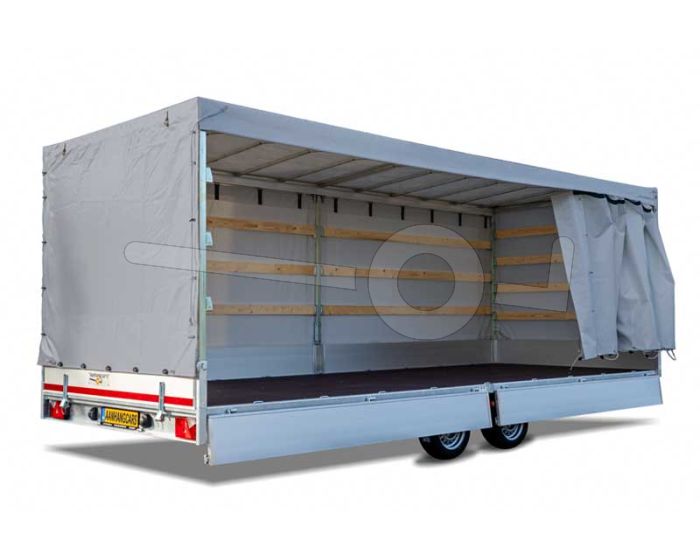 Huifdoek 506x200x180cm 5020-Z-SFZ-18-7500 ten behoeve van huif met schuifzeil voor Eduard plateauwagen of multitransporter met een laadbak van 506x200cm. Hoogte 180cm gemeten vanaf de laadvloer. Kleur van het huifdoek is 7500 grijs.