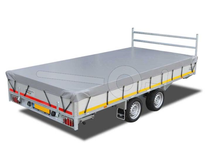 Grijs vlakzeil voor Eduard Trailer plateauwagen, kipper of multitransporter met een laadbak van 310x180cm