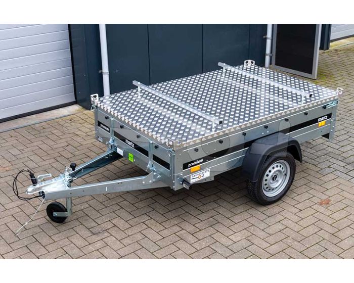 Bovenaanzicht Martz bagagewagen met aluminium deksel 205x125cm ongeremde enkelasser