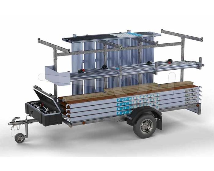 Euroscaffold rolsteiger 305x135cm, werkhoogte 8,2 meter, compleet met steigeraanhanger