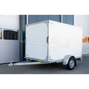 Gesloten aanhangwagen 257x132x150 cm, Twins Trailers, ongeremde enkelasser, bruto laadvermogen 750kg, witte plywood wanden met 2 achterdeuren.