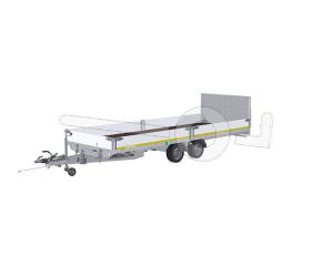 Eduard machinetransporter 5522-4-AK3-3063-J, Lxb 556x220cm, Kantelbaar, Bruto 3000kg (netto 2025kg), Lvh 63cm, Alu borden 30cm, Brede oprijklep, Tandemas geremd, Banden 195/50R13, Handmatige bediening.