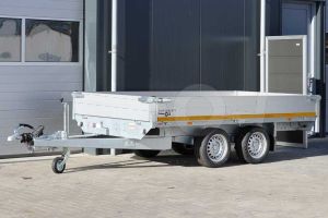 Eduard plateauwagen afmeting 310x160cm met aluminium borden, bruto laadvermogen 2700kg en laadvloerhoogte 63cm.