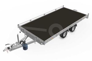 Eduard kantelbare autotransporter 4020-4-AOR10-270-J-56, afmeting 406x200cm met 10cm reling, bruto laadvermogen 2700kg, laadvloerhoogte 56cm, geremde tandemasser met 195/55R10 banden.