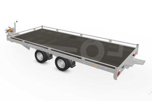Eduard autotransporter 4520-4-PMR10-3056, Lxb 456x200cm, Bruto 3000kg, Lvh 56cm, Oprijhoek circa 13&deg;, Reling 10cm, Dichte vloer, Tandemas geremd, Banden 195/55R10, Met oprijplaten en lier.
