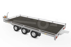 Eduard autotransporter 4520-5-PMR10-3556, Lxb 456x200cm, Bruto 3500kg, Lvh 56cm, Oprijhoek circa 13&deg;, Reling 10cm, Dichte vloer, Drieasser geremd, Banden 195/55R10, Met oprijplaten en lier.