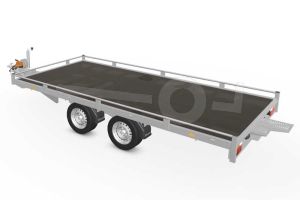 Eduard autotransporter 4520-4-PMR10-3563, Lxb 456x200cm, Bruto 3500kg, Lvh 63cm, Oprijhoek circa 15&deg;, Reling 10cm, Dichte vloer, Tandemas geremd, Banden 195/50R13, Met oprijplaten en lier.