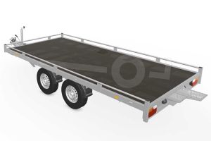 Eduard autotransporter 5020-4-PMR10-2572, Lxb 506x200cm, Bruto 2500kg, Lvh 72cm, Oprijhoek circa 17&deg;, Reling 10cm, Dichte vloer, Tandemas geremd, Banden 165R13, Met oprijplaten en lier.
