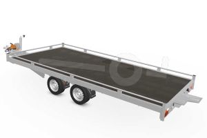 Eduard autotransporter 5020-4-PMR10-3063, Lxb 506x200cm, Bruto 3000kg, Lvh 63cm, Oprijhoek 15&deg;, Reling 10cm, Dichte vloer, Tandemas geremd, Banden 195/50R13, Met oprijplaten en lier.