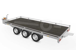 Eduard autotransporter 5020-5-PMR10-3563, Lxb 506x200cm, Bruto 3500kg, Lvh 63cm, Oprijhoek 15&deg;, Reling 10cm, Dichte vloer, Drieasser geremd, Banden 195/50R13, Met oprijplaten en lier.