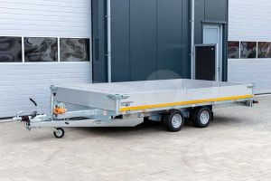 Eduard multitransporter 3518-4-PMB30-270-56, Lxb 356x180cm, Bruto 2700kg (2085kg netto), Lvh 56cm, Alu borden 30cm, Tandemas geremd, Banden 195/55R10, Met oprijplaten en lier.