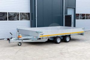 Eduard multitransporter met lier en oprijplaten 4018-4-PMB30-200-56, afmeting laadbak 406x180cm met 30cm borden, bruto laadvermogen 2000kg, laadvloerhoogte 56cm, geremde tandemasser met 195/55R10 banden.