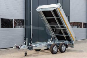 Eduard achterwaartse kipper aanhangwagen met handbediening, ongeremde tandemasser, afmeting 260x150cm, bruto laadvermogen 750kg