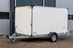 Humbaur handmatig hydraulisch zakbare gesloten aanhangwagen 250x157x180cm (lxbxh), HKT 152515-18P, Bruto 1500kg (948kg netto), Witte 14mm plywoodpanelen, Opgaande achterklep, Vloerhoogte 42cm, Banden 195/50R13, Enkelas geremd