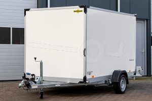 Humbaur handmatig hydraulisch zakbare gesloten aanhangwagen 310x177x180cm (lxbxh), HKT 153117-18P, Bruto 1500kg (859kg netto), Witte 14mm plywoodpanelen, Opgaande achterklep, Vloerhoogte 42cm, Banden 195/50R13, Enkelas geremd