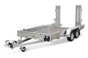 Humbaur machinetransporter HS 303016,  300x160cm (lxb bak), bruto 3000kg (2370 netto), laadvloerhoogte 49cm, 27cm stalen borden, banden 14", tandemas