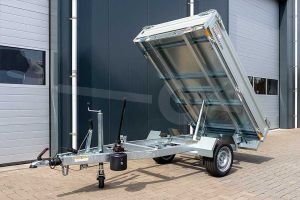 Humbaur kipper HUK 153214 , 230x140cm (lxb), bruto 1500kg (1100 netto), achterwaarts kippend, handmatig, laadvloerhoogte 64cm, 30cm aluminium borden, banden 13", enkelas 