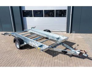 Martz kantelbare autotransporter Tieflader 350 1500, Bakmaat 353x183cm, Bruto 1500kg (1128kg netto), Open laadvloer met rijbanen, Lvh 41cm, Oprijhoek circa 10&deg;, Enkelas geremd, Banden 195/50R13