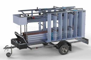 Euroscaffold rolsteiger met steigeraanhanger afsluitbaar, afmeting standaard rolsteiger 135x305cm, werkhoogte 8,2m, voorzien van enkele voorloopleuning