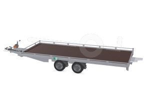 Eduard autotransporter, Lxb 506x220cm, Bruto 2700kg, Lvh 63cm, Oprijhoek 15&deg;, Reling 10cm, Dichte vloer, Tandemas geremd, Banden 195/50R13, Met oprijplaten en lier.