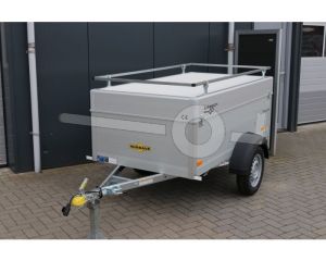 Humbaur aluminium bagagewagen (lxbxh) 251x131x68cm, type HA 752513-5 FS met deksel en reling, Bruto 750kg (565kg netto), Aluminium wanden 50cm, Enkelas ongeremd, Banden 145/80R13