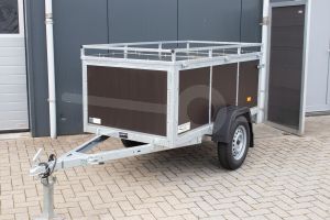 VDM bagagewagen, (lxbxh) 150x100x60cm, Bruto 750kg (566kg netto), Bruine betonplex panelen, Enkelas ongeremd, Banden 155/80R13