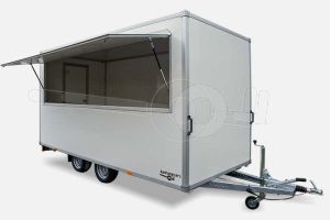 Verkoopwagen Powertrailer VKWnr21, plateau casco, 607x225x220cm (lxbxh), bruto 3500 kg, wanden wit glad plywood, 1 deur achter, grote verkoopklep zijkant, tandemas