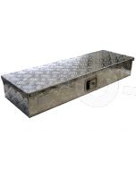 Materiaalkist aluminium, 950x320x150mm, voorzien van een lang pianoscharnier en afgewerkt met een rubberen stootrand en slot