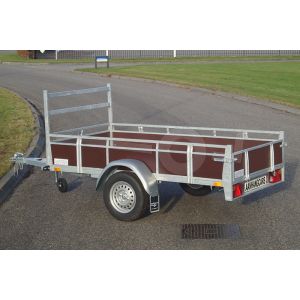 Twins Trailers aanhangwagen TA09H-E04, lxb 200x110cm, bruto 750kg (596kg netto), laadvloerhoogte circa 54cm, bruin betonplex borden met railing en voorrek, banden 13". enkelas ongeremd