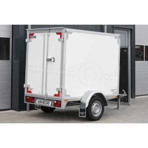 Twins Trailers gesloten aanhangwagen, afmeting 200x132x150 cm, met twee achterdeuren, ongeremde enkelasser, bruto laadvermogen 750kg.