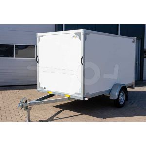 Twins Trailers gesloten aanhangwagen met twee achterdeuren, merk Twins Trailers, ongeremde enkelasser, afmeting 307x157x150 cm, bruto laadvermogen 750kg.